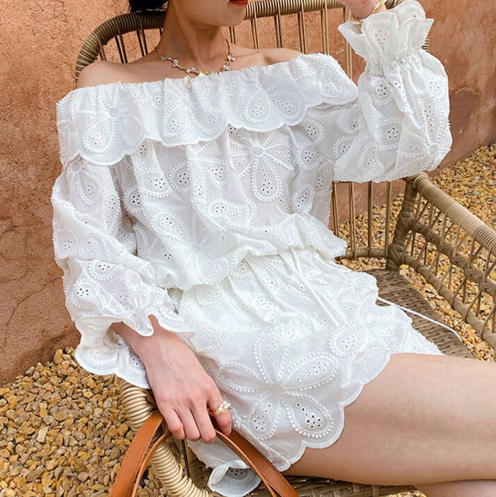 a27 r27 2026 Spring and Summer a27 New Vacation Women's Off Shoulder Top Long Sleeve Embroidered Hollow Short Pants