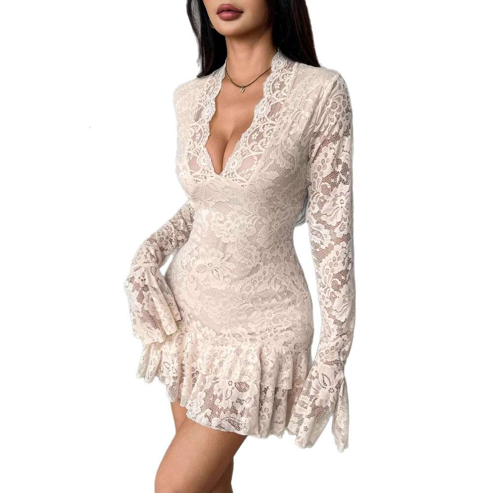 2026 Spring and a9 Summer New European and American A9 Lace V-neck Double layered A9 Ruffle Slimming Dress