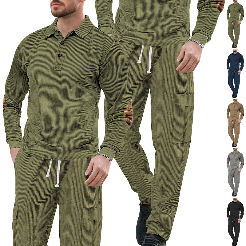 European And American Casual Polo Sports Collar Long Designer Hoodie Sleeve Twopiece Set Men's Loose Solid Designer T-shirt Color Workwear Suit