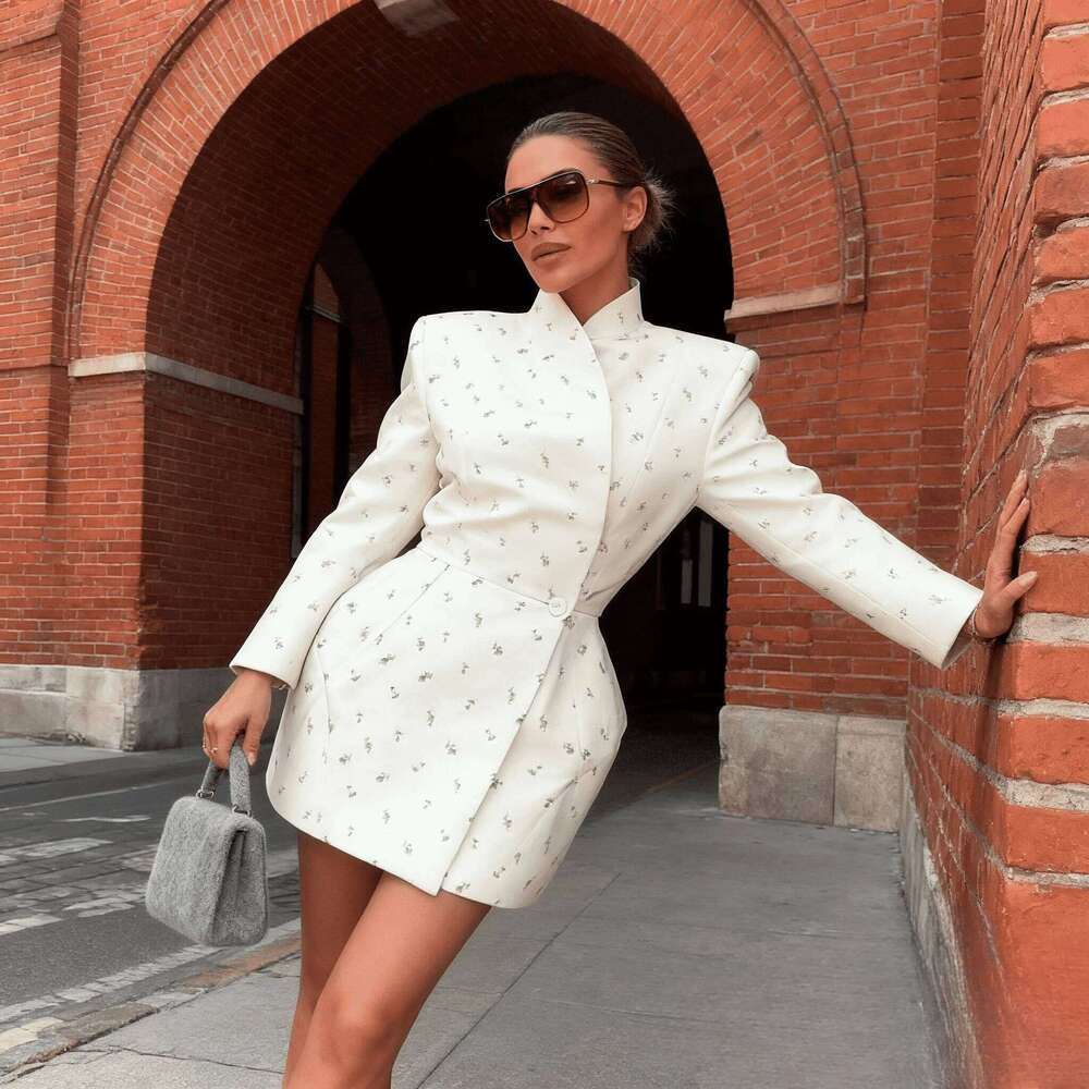 White Waist Cinching Floral Shoulder Pad Blazer Long Sleeve Single Breasted Jacket For Summer Elagant Female Outwear MAKOUFEI