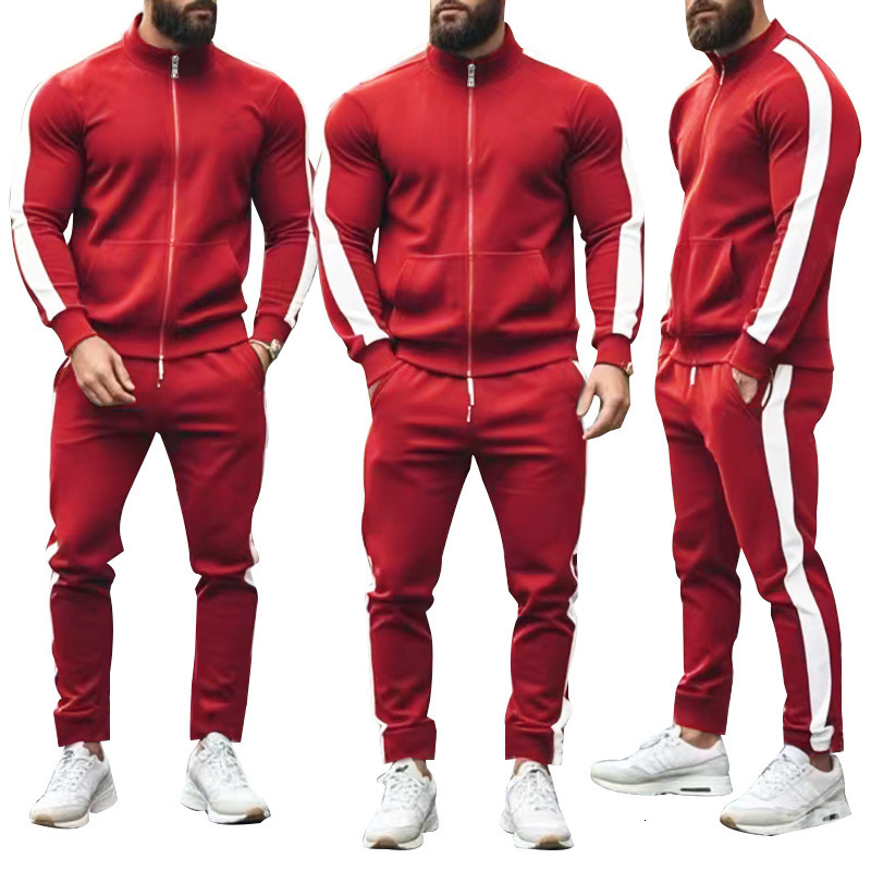 Men's Long Sleeve Autumn Winter Twopiece Set Colorblock Stand Collar Casual Designer Hoodie Sports Jacket Designer T-shirt Swea Polo Men's Suit