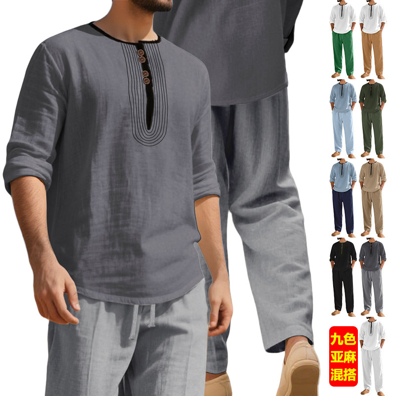 Designer Hoodie Designer T-shirt European And American Men's Casual Outdoor Loose Long Sleeve Long Pants Pleated Cotton Linen Henry Collar Linen Polo Beach Shirt