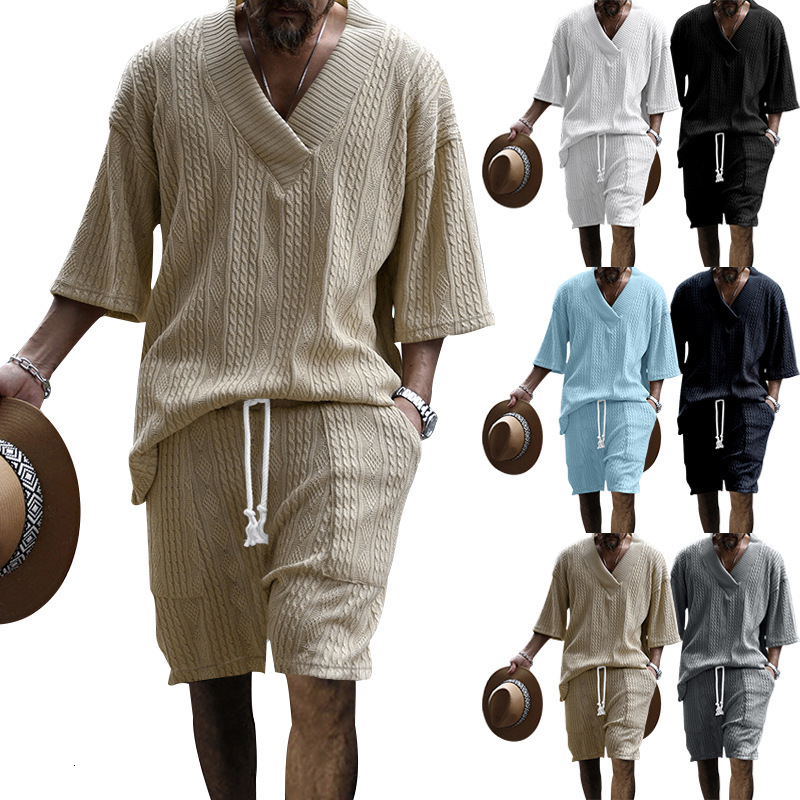Designer T-shirt New European And Polo American Designer Hoodie Casual Loose Sevenquarter Sleeve Jacquard Knitwear Top Shorts Men's Set