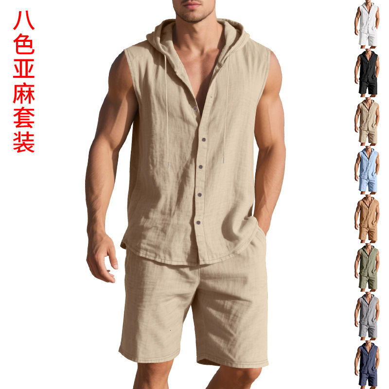 European And American Men's Designer T-shirt Summer American Style Loose Linen Casual Simple Hooded Sleeveless Shirt And Shorts Designer Hoodie Polo Twopiece Set