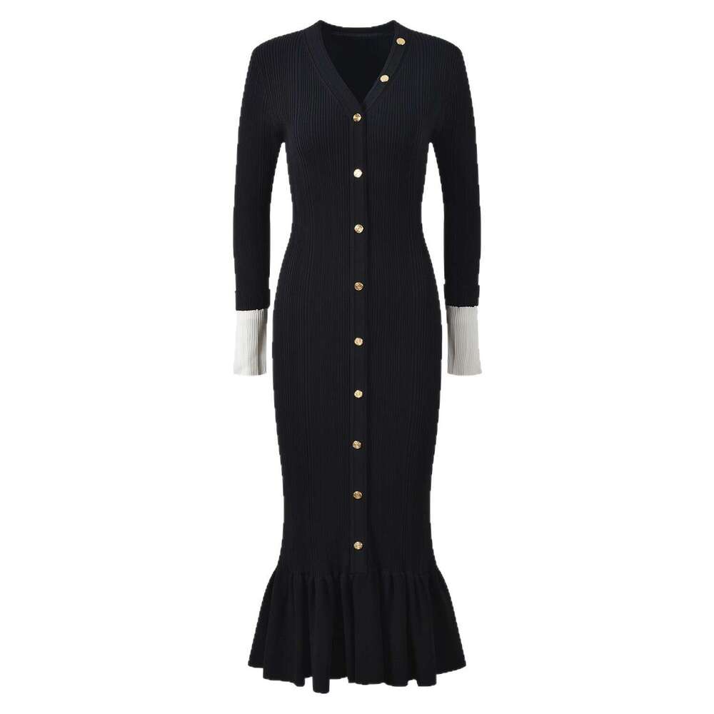 2026 designer European and American women's A10 V-neck single breasted fish c10 tail slim fit long sleeved knitted dress