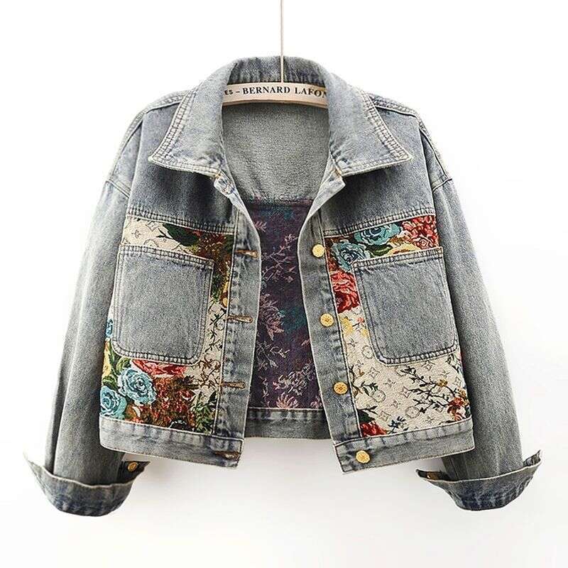 Women's Heavy Duty Patchwork Denim Jacket, Spring Autumn New Loose Short Coat, Trendy Streetwear Fashion Casual Outwear Tops MAKOUFEI