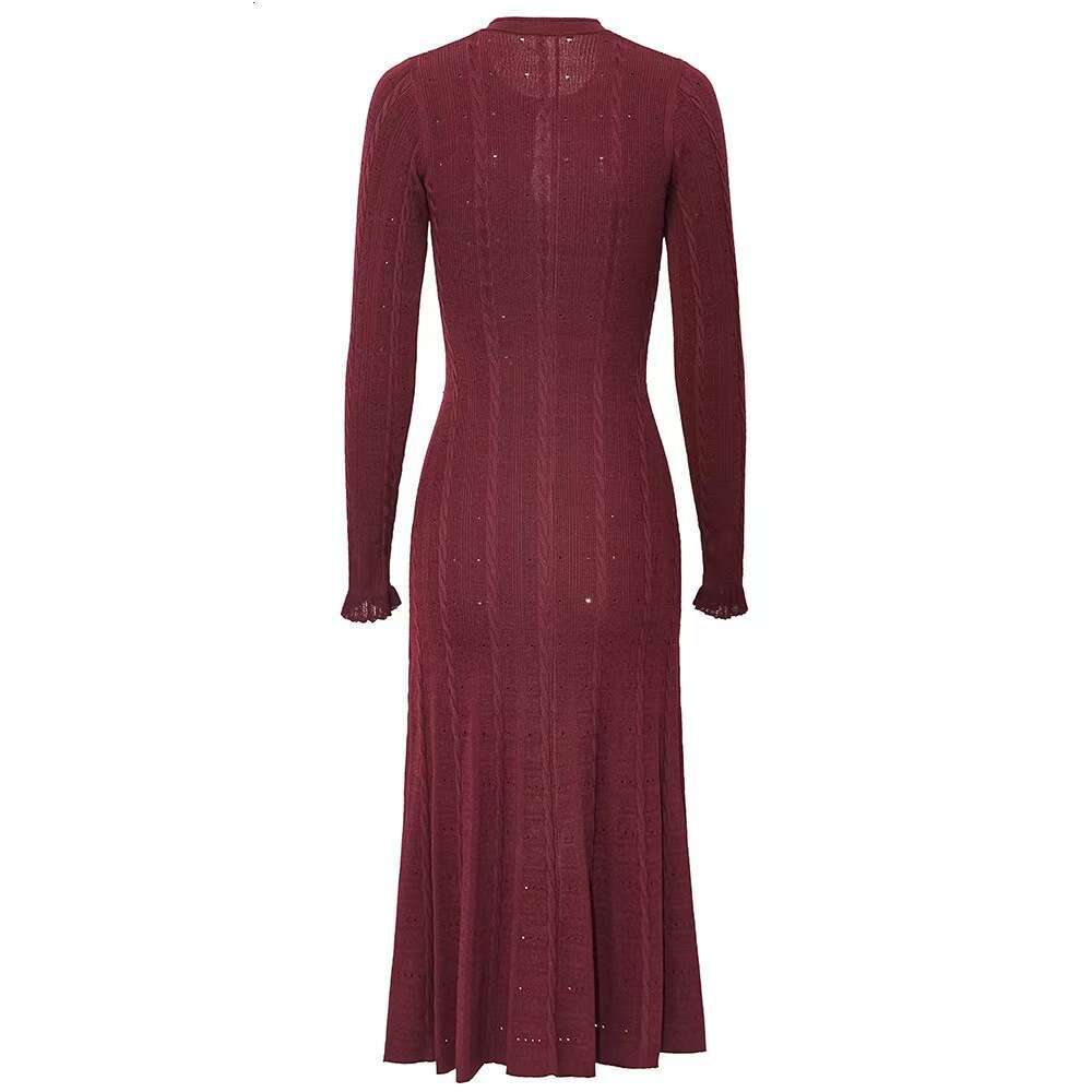 Spring and Autumn A14 Round Neck Long Dress French Women's Small Fragrant A14 Style Solid Color Split Single breasted Knitted Dress