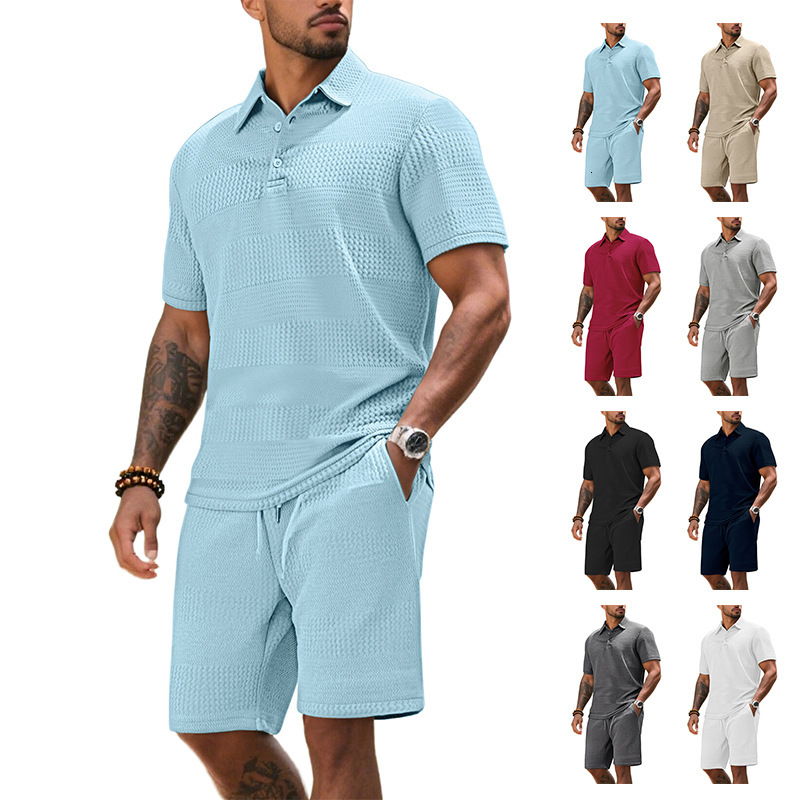 European And American Loose New Summer Polo Designer Hoodie Fashion Trend Men's Casual Solid Color Designer T-shirt Collar Shirt Short Sleeve Jacquard Set