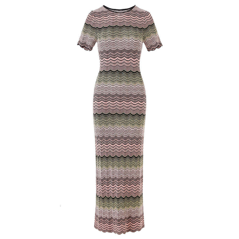 2026 Summer New Gradient Color X21 Splicing High Elasticity Short Sleeve Knitted Medium Length Slimming Dress
