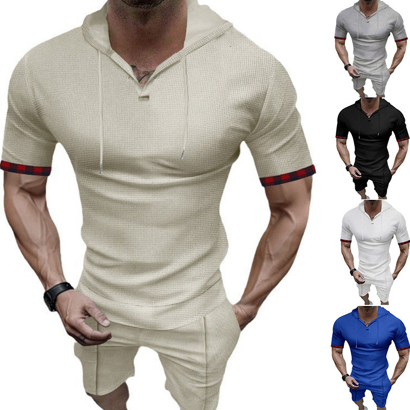 European And American Summer Designer T-shirt Hooded Waffle Men's Designer Polo Hoodie Sports Casual Short Sleeve Shorts Set