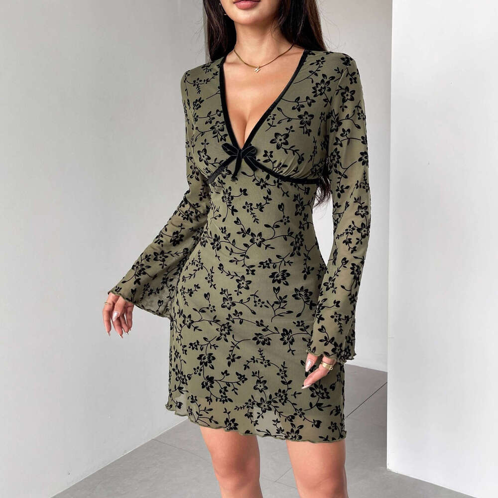 2026 Spring New European and A9 American Bell Sleeve Double A9 layer a9 Mesh Plush Deep V-neck Women's Dress