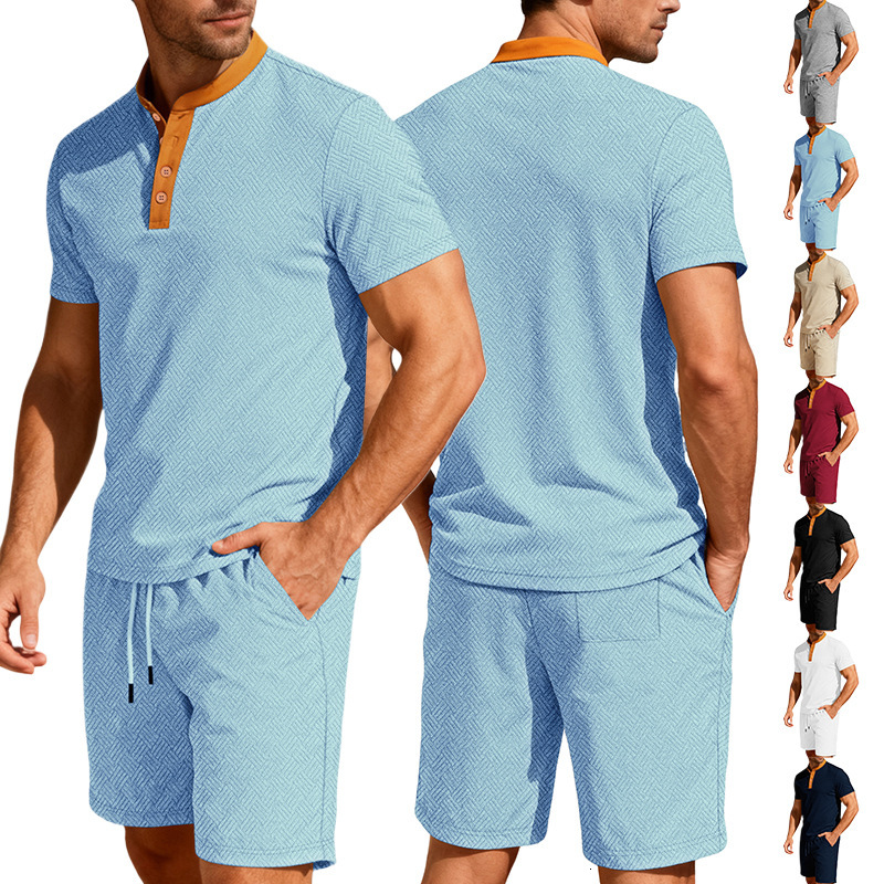 Polo European And American Designer T-shirt Summer Lapel Patchwork Zipper Twopiece Towel Jacquard Fabric Men's Casual Designer Hoodie Sports Suit