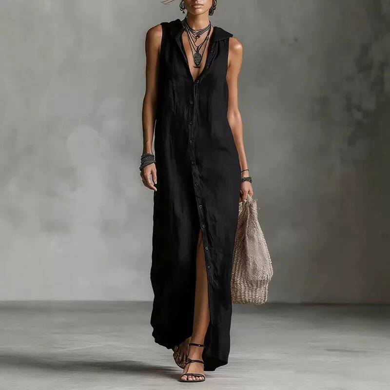 Spring Elegant Single Breasted Hooded Long Dresses Woman Vintage Solid Slit Bohemian Summer Sleeveless Vacation Maxi Dress