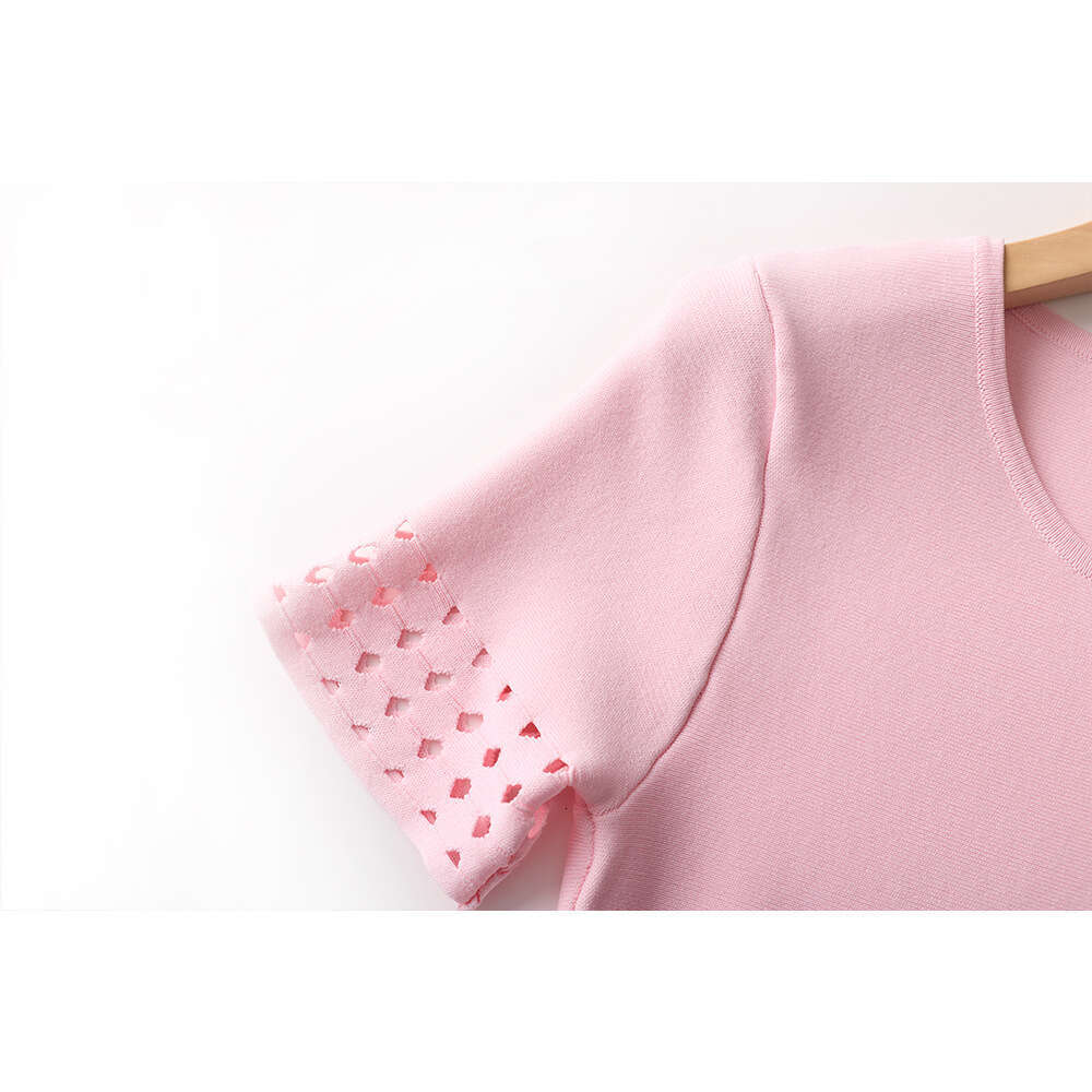 2026 Spring New Fashionable Casual q26 Round Neck Large Bottom Waist Slimming Pink Hollow Short Sleeve Dress