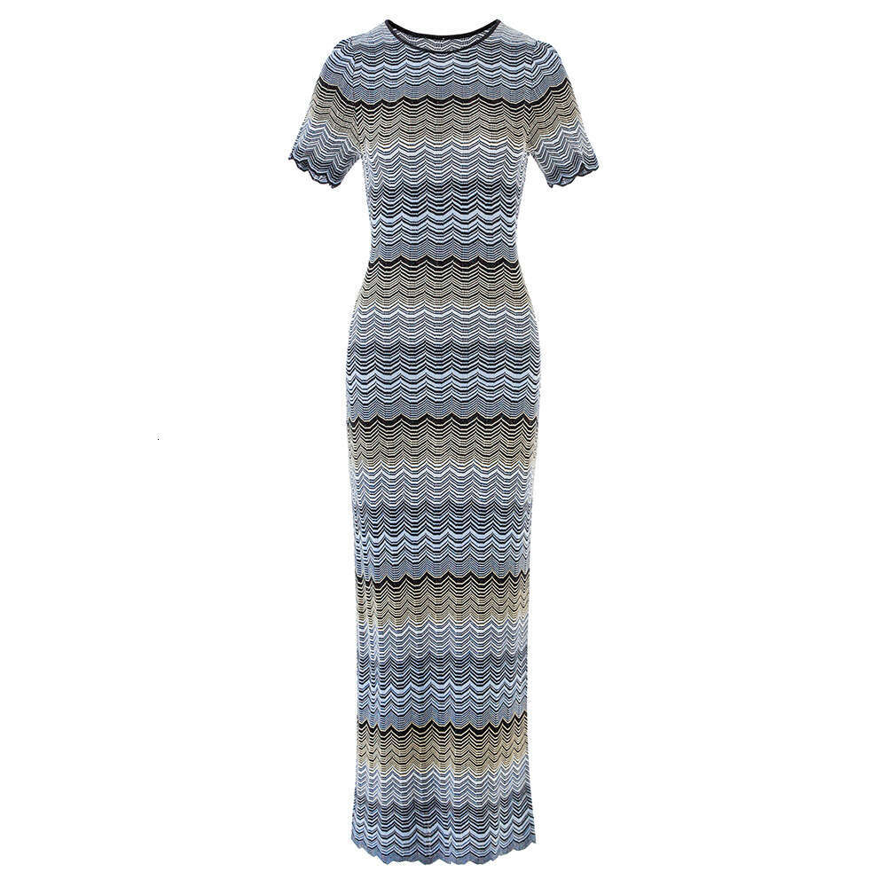 2026 Summer New Gradient Color Splicing High Elasticity Short Sleeve Knitted Medium Length d24 Slimming Dress