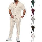 Men's European And American Independent Designer Hoodie Summer New Solid Color Button Pocket Shirt Short Polo Sleeve Designer T-shirt Long Pants Twopiece Set