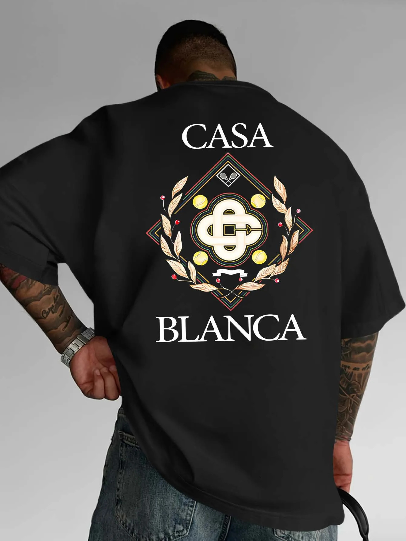 Mens casual short-sleeve T-shirt suitable for all seasons daily wear double-sided Blanca pattern unisex available in black 260302