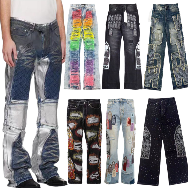 Who Decides War Mens designer Y2K Hip Hop Skateboard baggy jeans trousers WDW Denims USA High Street Catthedral Side Embroidery Multicolor Patched Arch Jogger 6q1