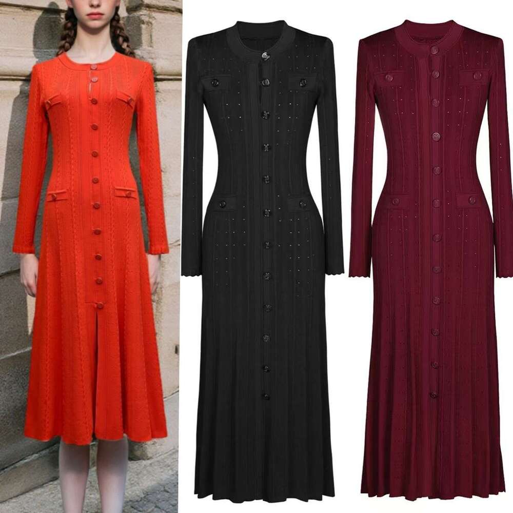 Spring and Autumn Round Neck Long Dress French Women's Small Fragrant Style Solid Color a24 Split Single breasted d24 Knitted Dress