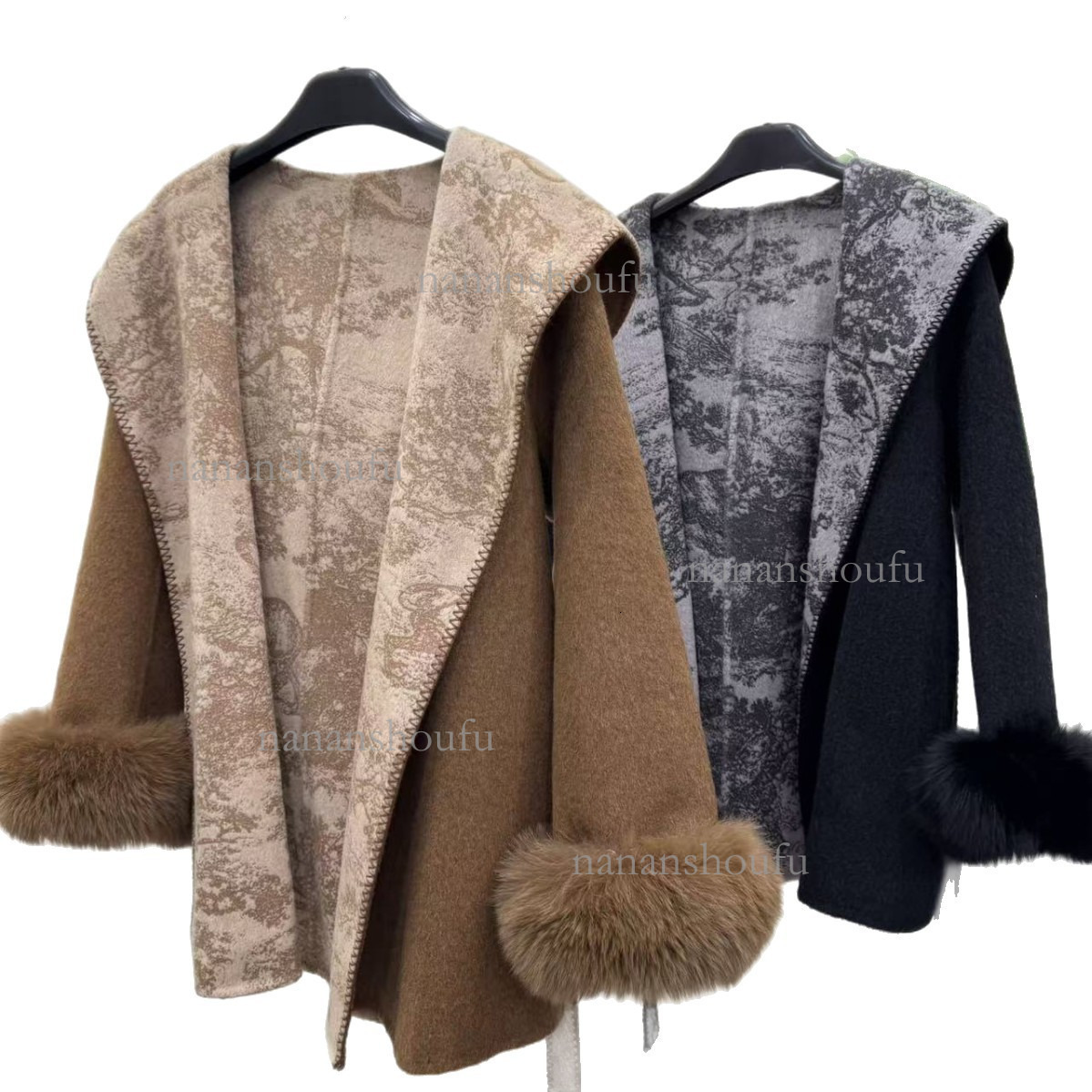 2026 Designer Essential Jacket Fashion Luxury Fox Leather Sleeves Hooded Mid To Long High End Elegant Women's Trendy Printed Heavy Duty Double Si