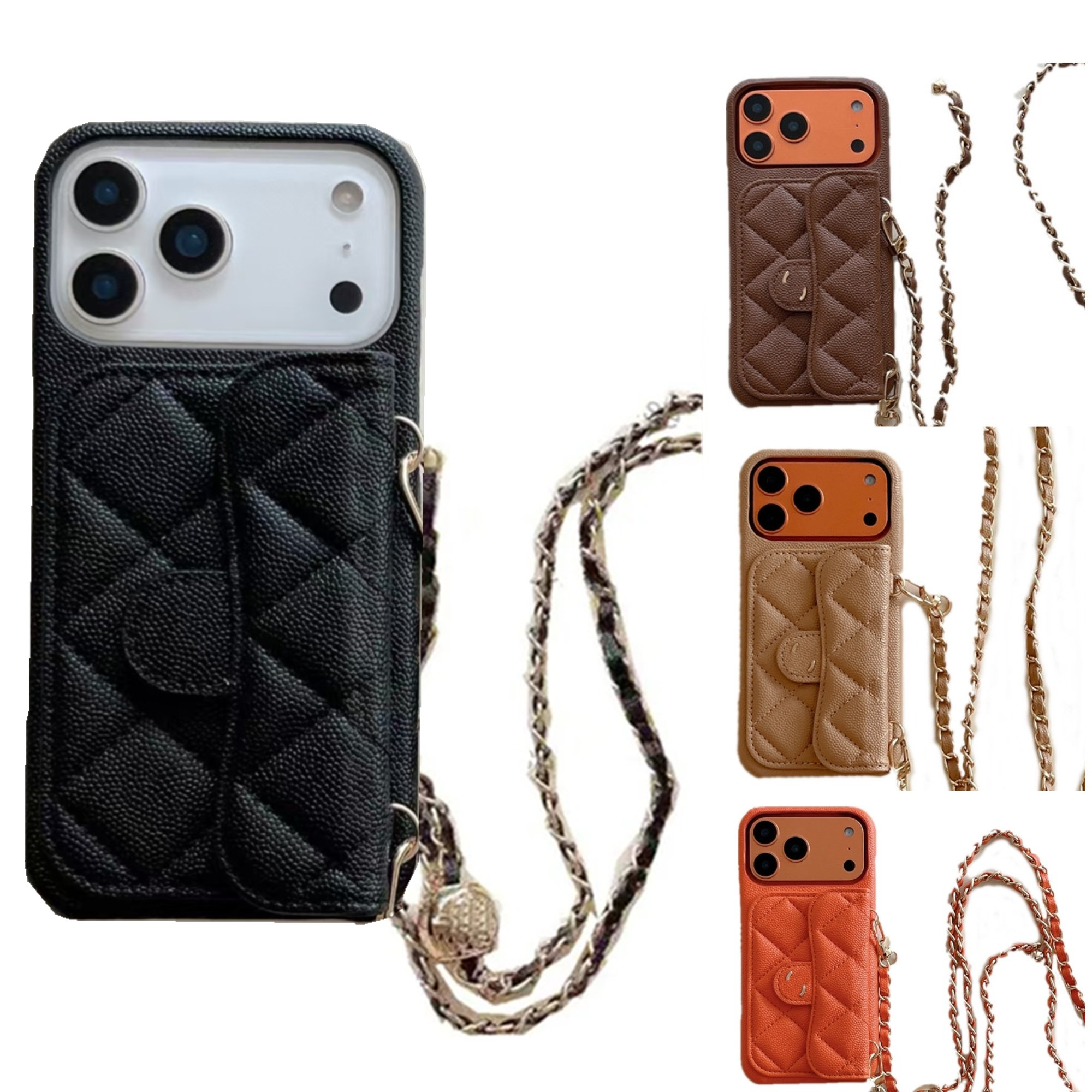 For iPhone 17 Pro Max 16 Pro Max Case Crossbody Phone Case Designer Apple iPhone 15 ProMax 14 13 12 15 Plus 16 Plus Case Card Holder Luxury Leather Case Chain Strap Lanyard