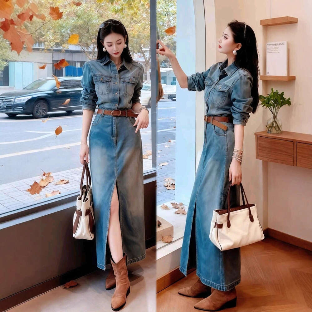 Autumn New Women Denim Two Piece Set High End Slim Waist Age Reducing Bodycon Skirt Casual Party Matching Outfit MAKOUFEI