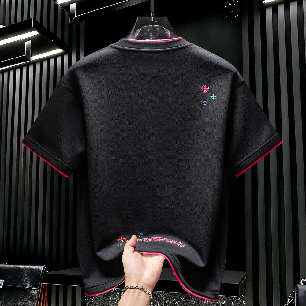 American Style 2026 New Summer Trendy Brand Cross-Embroidered Short-Sleeve T-Shirt For Men Round Neck Loose Fit Color-Blocking Half-Sleeve Luanyun Lua