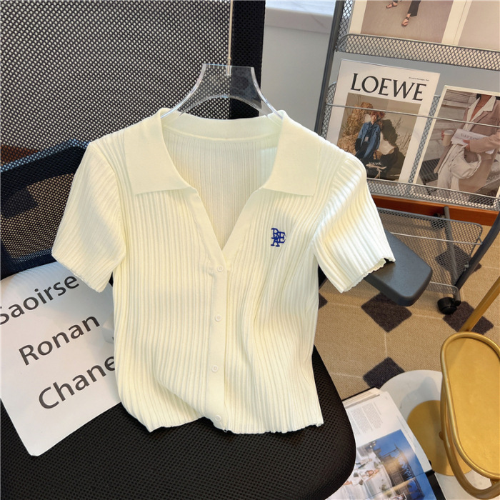 Vneck For Women Summer French Style High Wist Polo Shirt Highend Designer Hoodie Smll Petite Ice Silk Designer Shirt Knitted Polo Shirt Wistcinching S