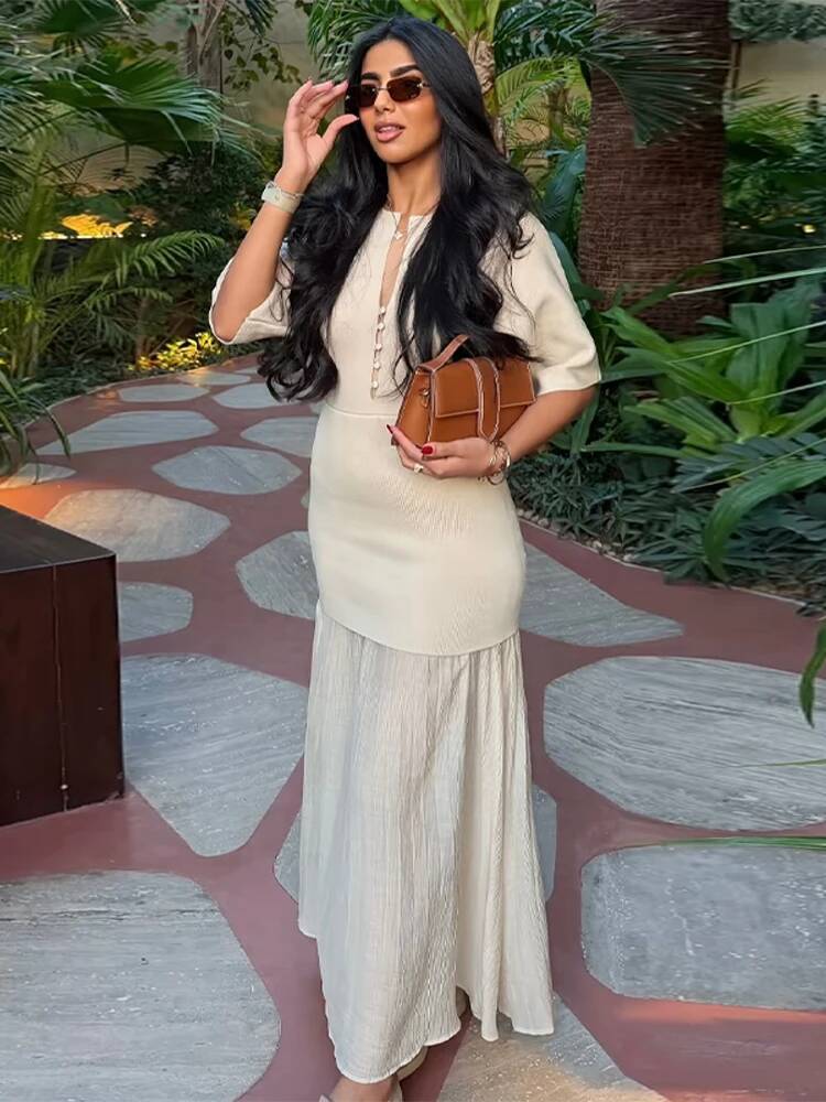 Elegant Mesh Patchwork Dress Lady O-neck Short Sleeve Single Breasted Maxi Dresses 2026 Spring Summer Solid All-match Party Gown