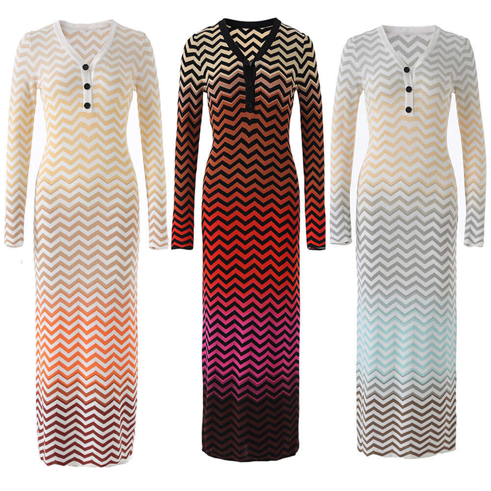 2026 A14 Autumn and Winter New Gradient Wave Pattern V-neck Long Sleeve Knitted Dress Elegant and Close fitting