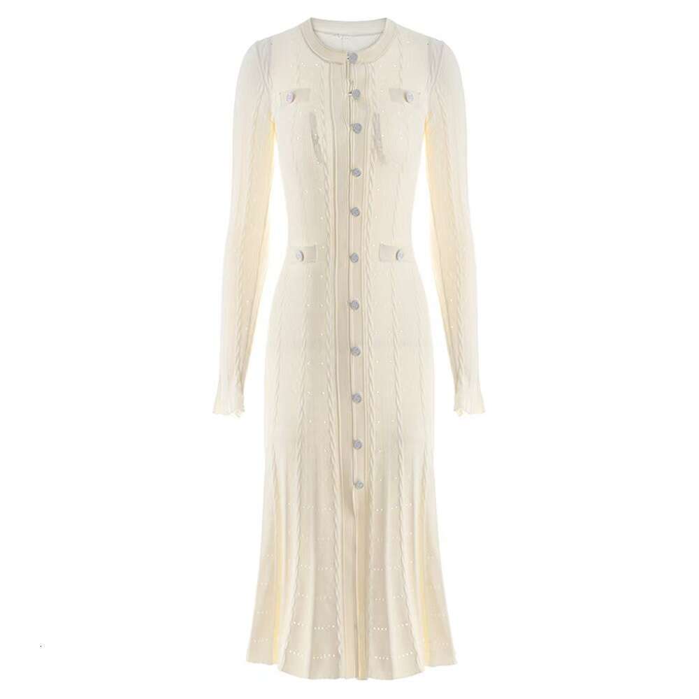 Spring a21 and Autumn Round Neck Long Dress French Women's Small Fragrant X21 Style Solid Color Split Single breasted Knitted Dress