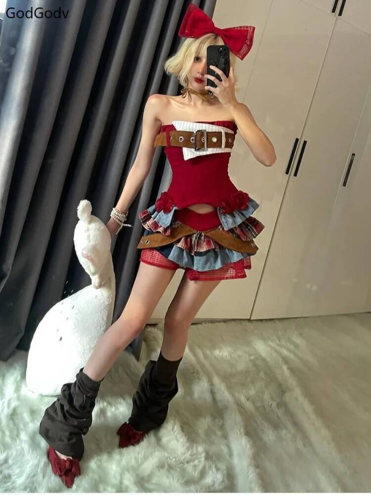Preppy Vintage Red Denim Bustier Tops + Sweet Spicy Pure Design Mini Cake Skirt Women 2 Piece Sets Summer 2025 Korea Style