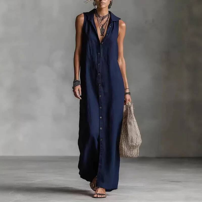 Spring Elegant Single Breasted Hooded Long Dresses Woman Vintage Solid Slit Bohemian Summer Sleeveless Vacation Maxi Dress