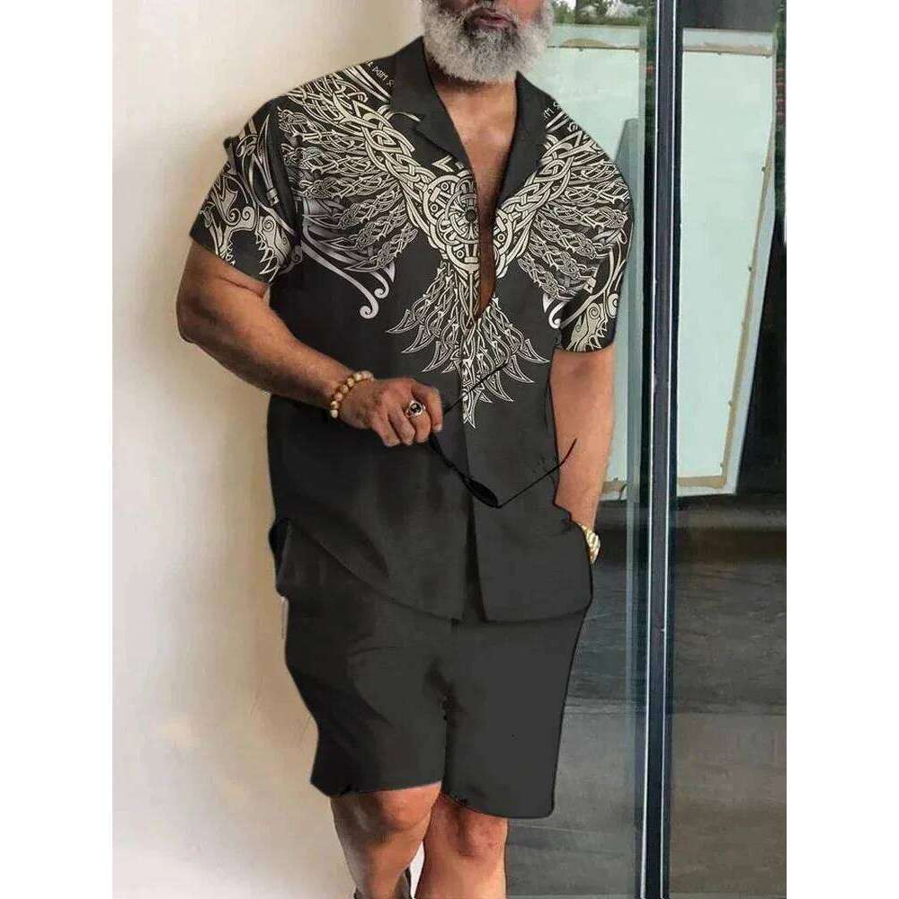 Summer Baroque Luxury Shirt Set Men's Hawaii Vacation Short Sleeve Shirts Suits Drawstring Shorts 2 Pcs Party Clothes