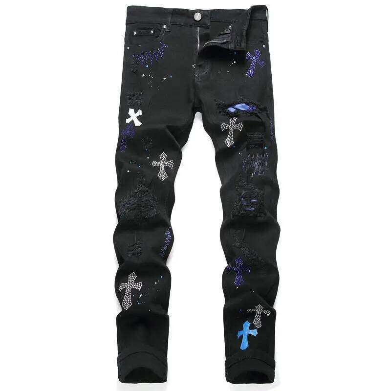 European Jeans With Distressed Patches, Black Trendy Elastic Slim Fit Leggings, Personalized Men's Pants 26H0314