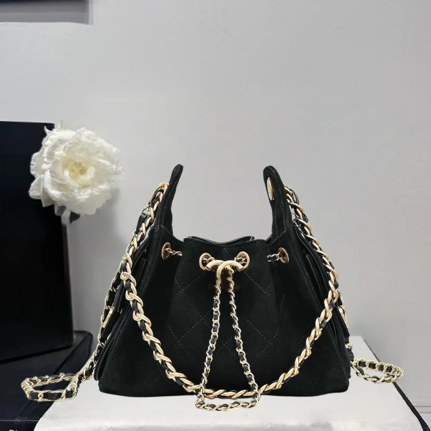 Designer 25 tote genuine black gold cowhide drawstring hobo armpit diamond grid chain single shoulder playful leather bag