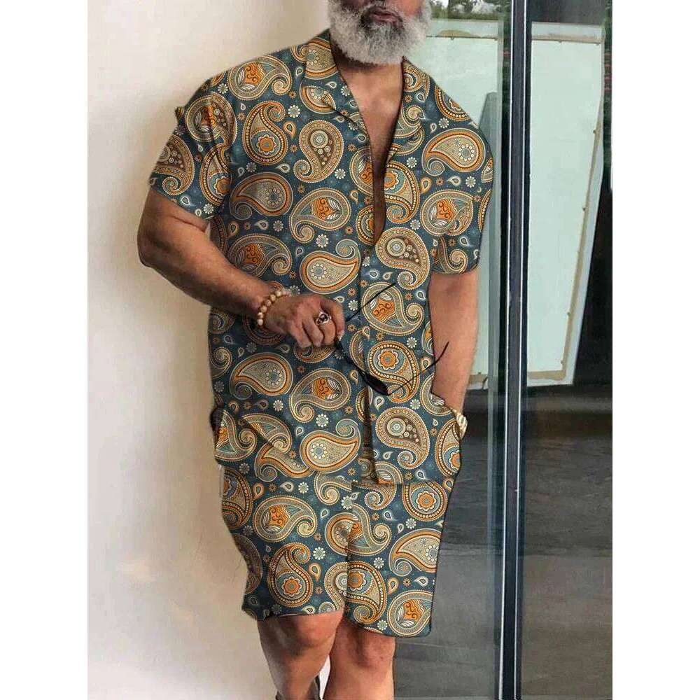 Summer Baroque Luxury Shirt Set Men's Hawaii Vacation Short Sleeve Shirts Suits Drawstring Shorts 2 Pcs Party Clothes