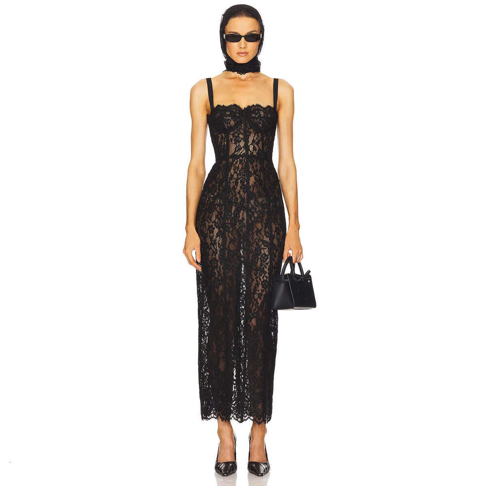 2026 New Women Black Lace Camisole Dress Sheer Slim Fit Bodycon Party Dress Sexy Luxury Elegant Evening Prom Gown MAKOUFEI