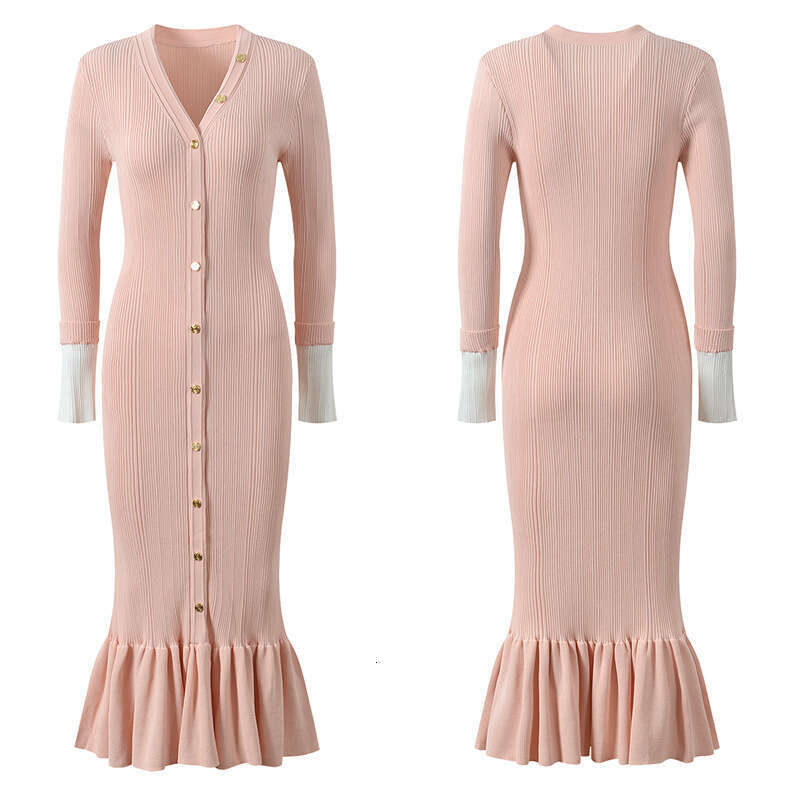 2026 designer European and American women's B15 A15 V-neck single breasted fish tail slim fit long sleeved knitted dress