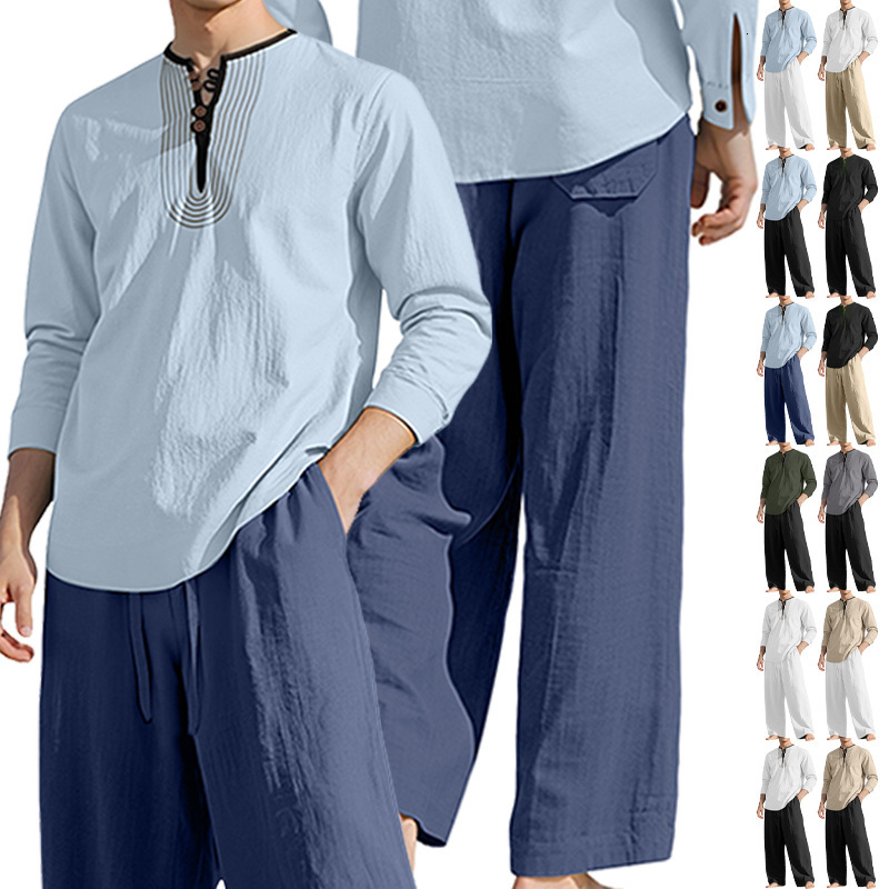 Americanstyle Fourseason Polo Designer T-shirt Linen Men's Casual Loose Designer Hoodie Breathable Longsleeve Longpants Shirt Beach Set In Stock