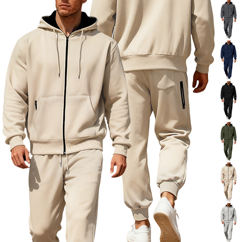 2026 European And American Autumn Winter Men's Solid Color Designer Hoodie Fleece Lined Warm Polo Zipper Long Designer T-shirt Sleeve Hooded Casual Sports Set