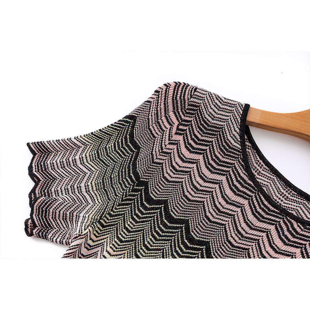 2026 Summer New Gradient Color Splicing q26 High Elasticity Short Sleeve Knitted Medium Length Slimming Dress