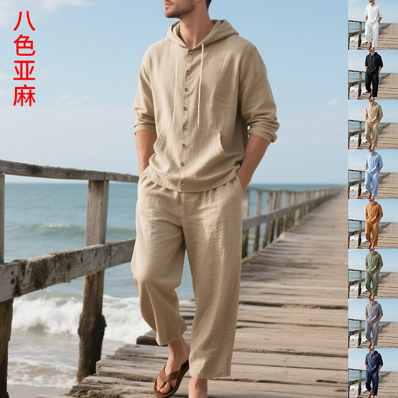 Loosefitting Polo Linen Designer Hoodie Men's Longsleeve Hooded Shirt And Pants Beach Designer T-shirt Casual Suit Stylish Threepiece Set