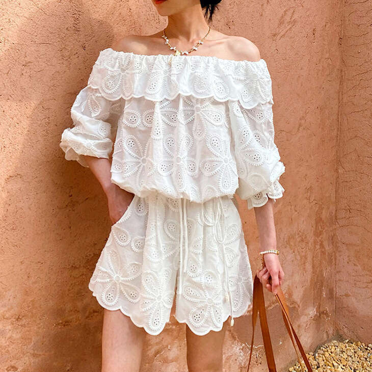 a27 r27 2026 Spring and Summer a27 New Vacation Women's Off Shoulder Top Long Sleeve Embroidered Hollow Short Pants