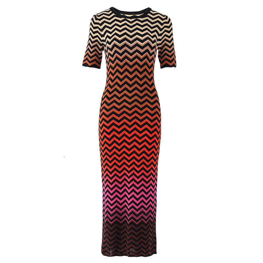 2026 Summer B15 New Designer Rainbow Gradient Knitted Slim Fit Elastic Tight INS Dress
