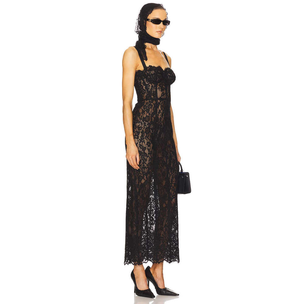 2026 New Women Black Lace Camisole Dress Sheer Slim Fit Bodycon Party Dress Sexy Luxury Elegant Evening Prom Gown MAKOUFEI