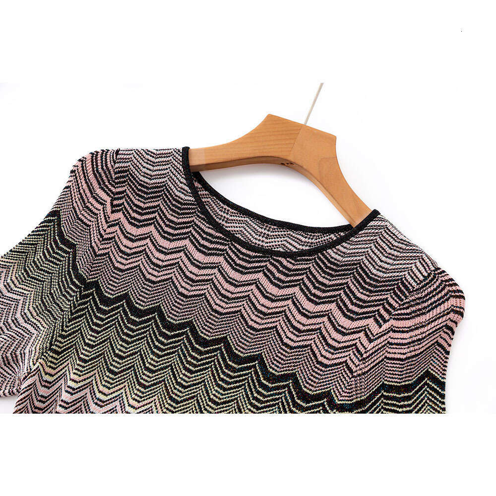 2026 Summer New Gradient Color Splicing High Elasticity Short Sleeve Knitted Medium Length Slimming Dress