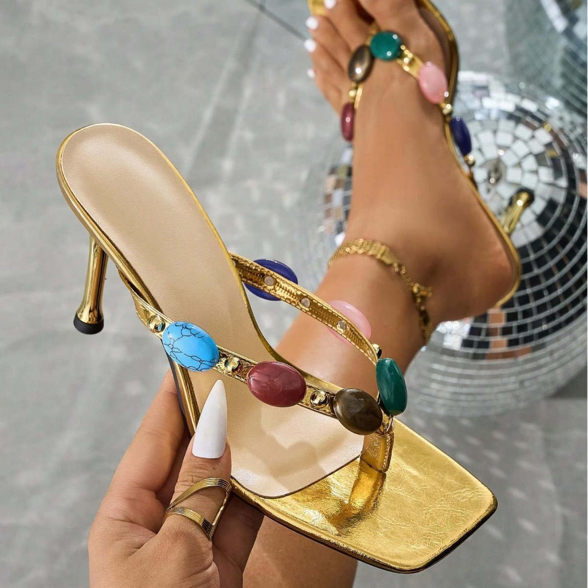 Free Shipping 2026 Luxury elegant sandals Women's Gold Metallic Thong High Heel Sandals Colorful Gemstone Decor Square Toe Stiletto Shoes