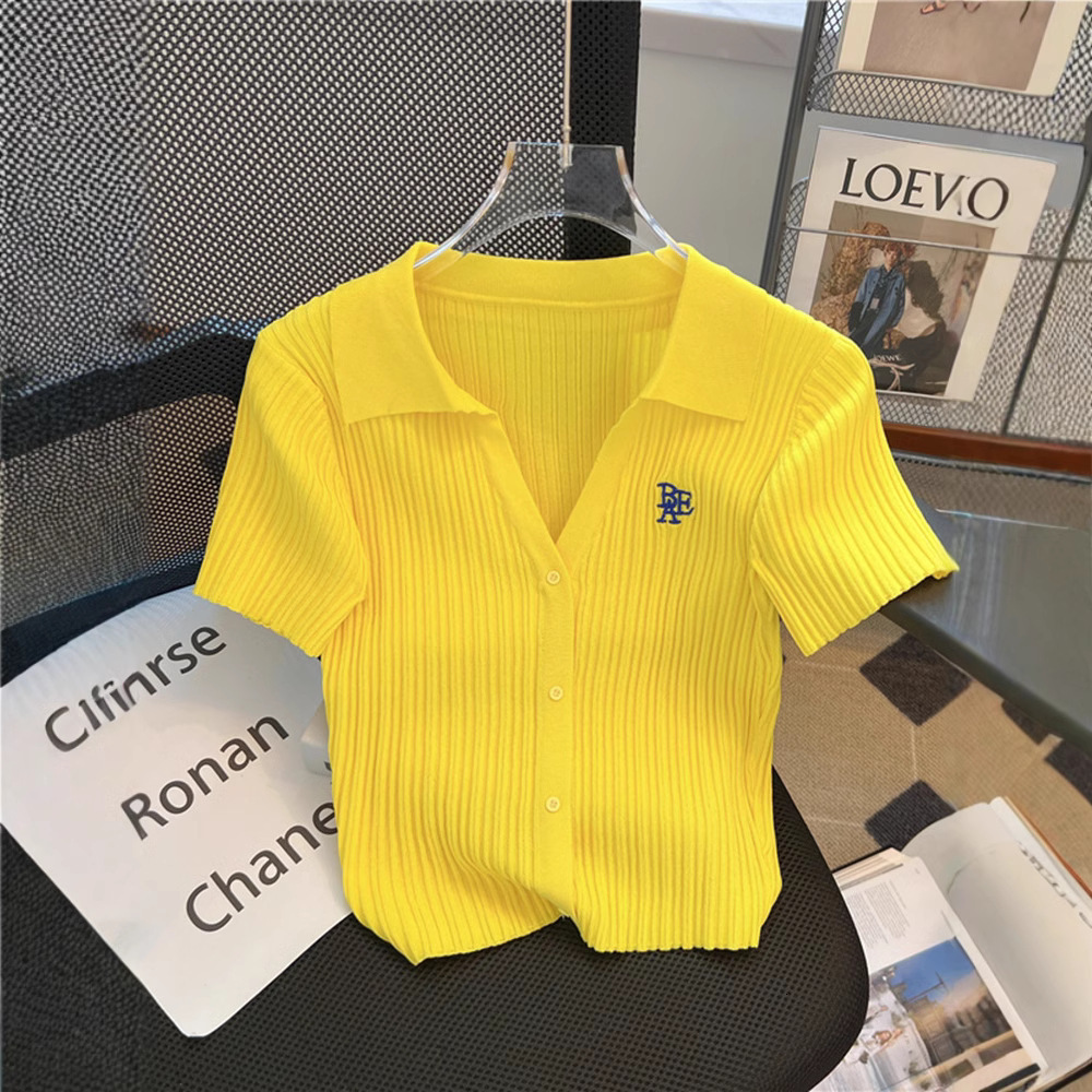 Vneck For Women Summer French Style High Wist Polo Shirt Highend Designer Hoodie Smll Petite Ice Silk Designer Shirt Knitted Polo Shirt Wistcinching S