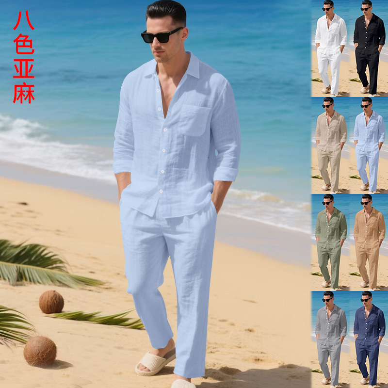 European And American Men's New Linen Polo Solid Color Collar Cardigan With Buttons Long Sleeve And Designer T-shirt Long Designer Hoodie Pants Men's Suit